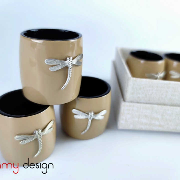 Set of 6 milk coffee napkin rings attached with dragonfly